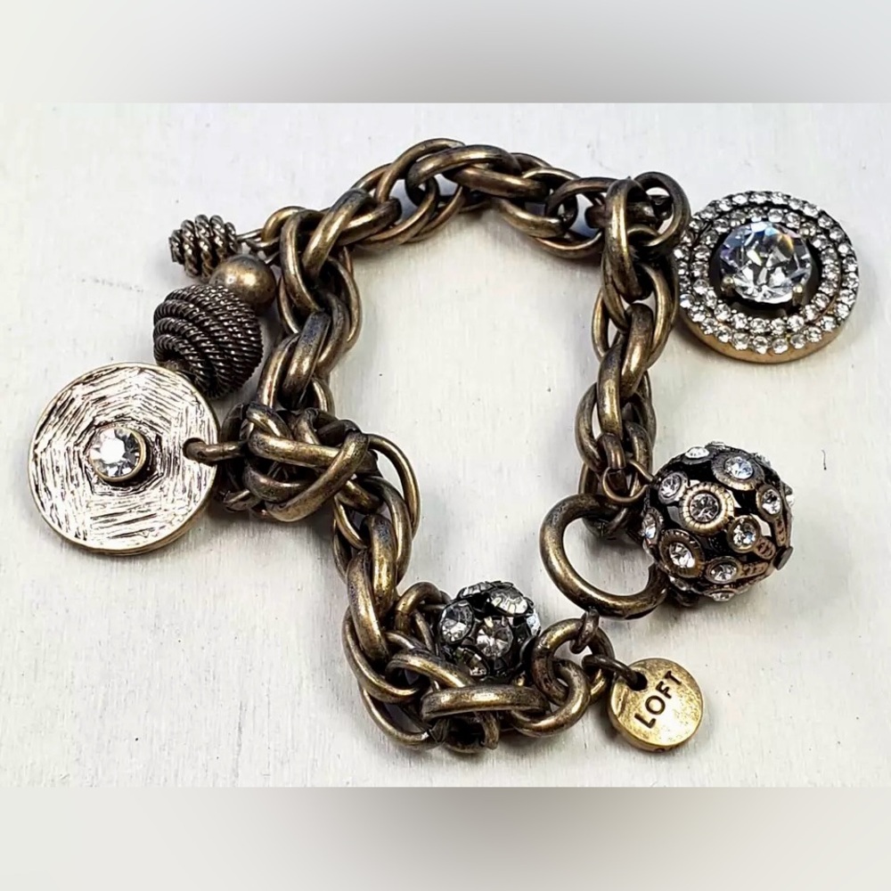LOFT Charm Bracelet Rhinestone Antiqued Gold Tone